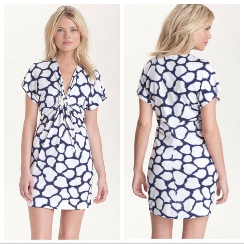 Diane von Furstenberg Natalie Dress Navy Blue White Gathered Stretch Jersey Sz 4